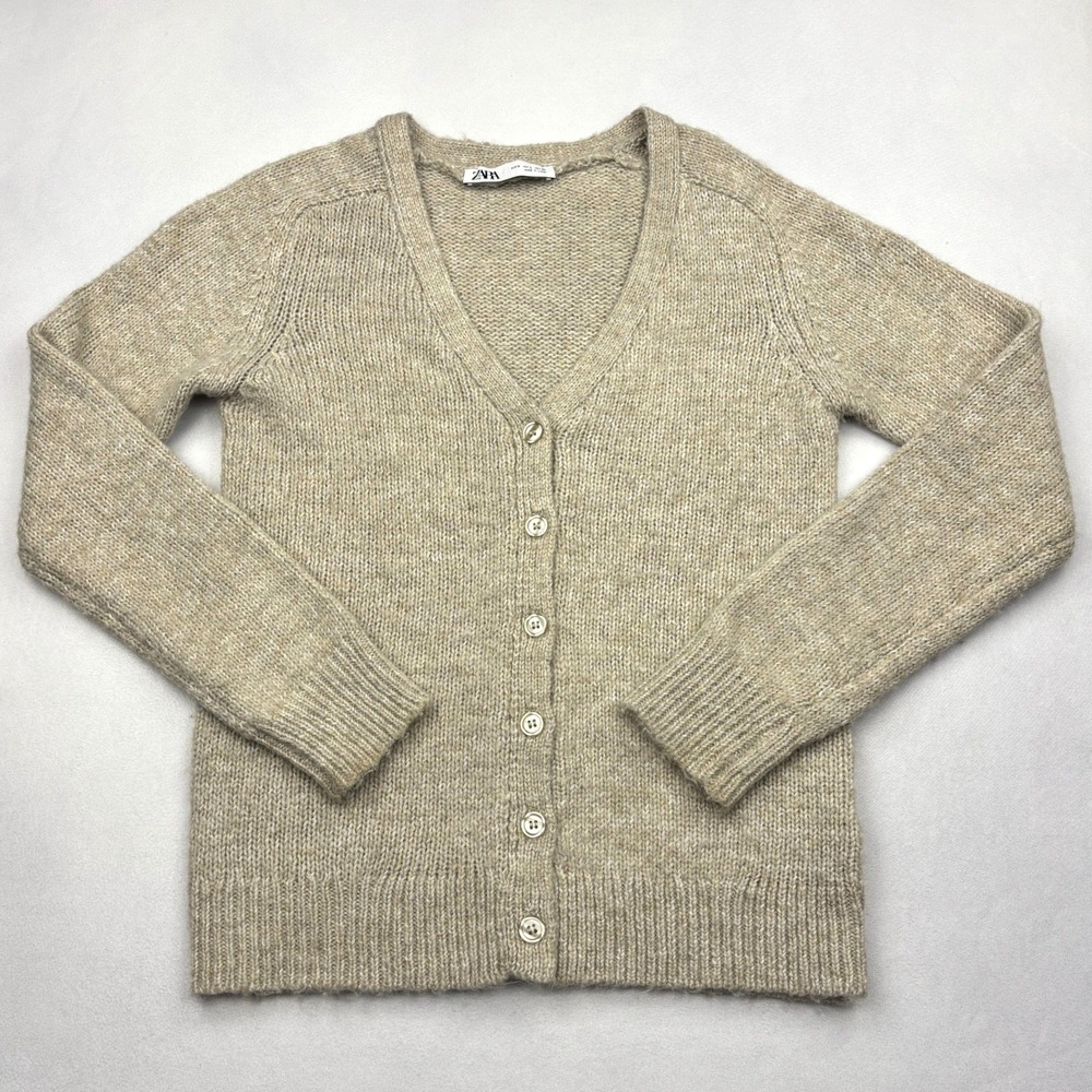 Zara Cardigan Womens Small Beige Wool Blend V Neck Button Front Knit Sweater